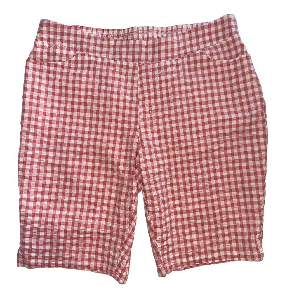 Denim & Co Gingham Shorts Womens Size LP Pink Seersucker High Rise Cotton Large